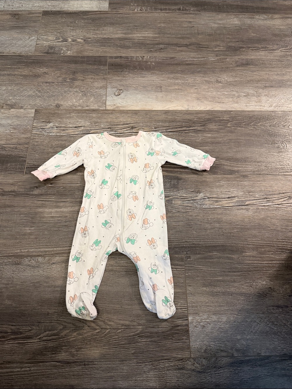 Disney White Footed Baby One-Piece with Pink Trim and Mint & Peach Minnie Print